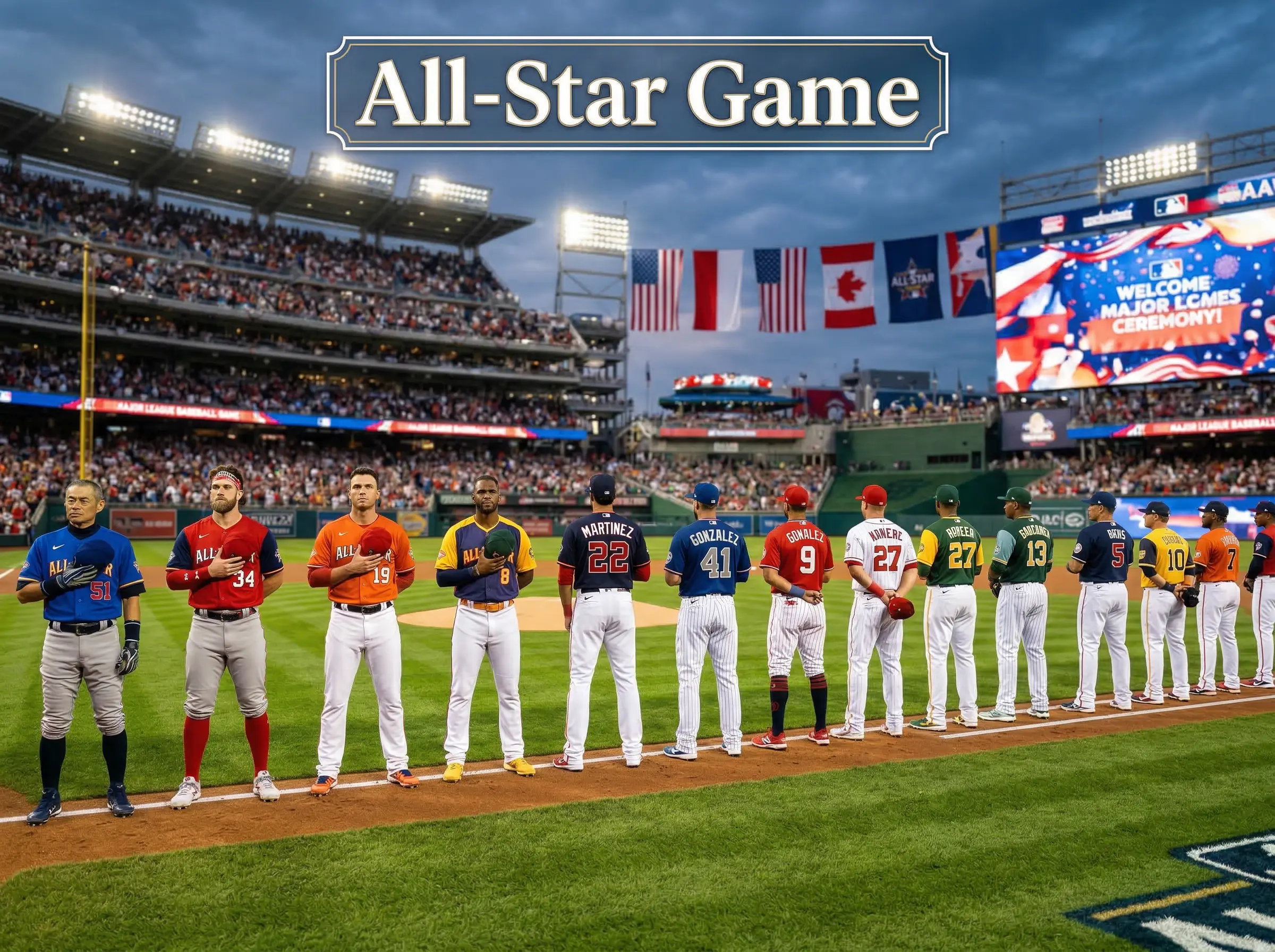 Ceremonia de apertura del All-Star Game de béisbol MLB con jugadores alineados