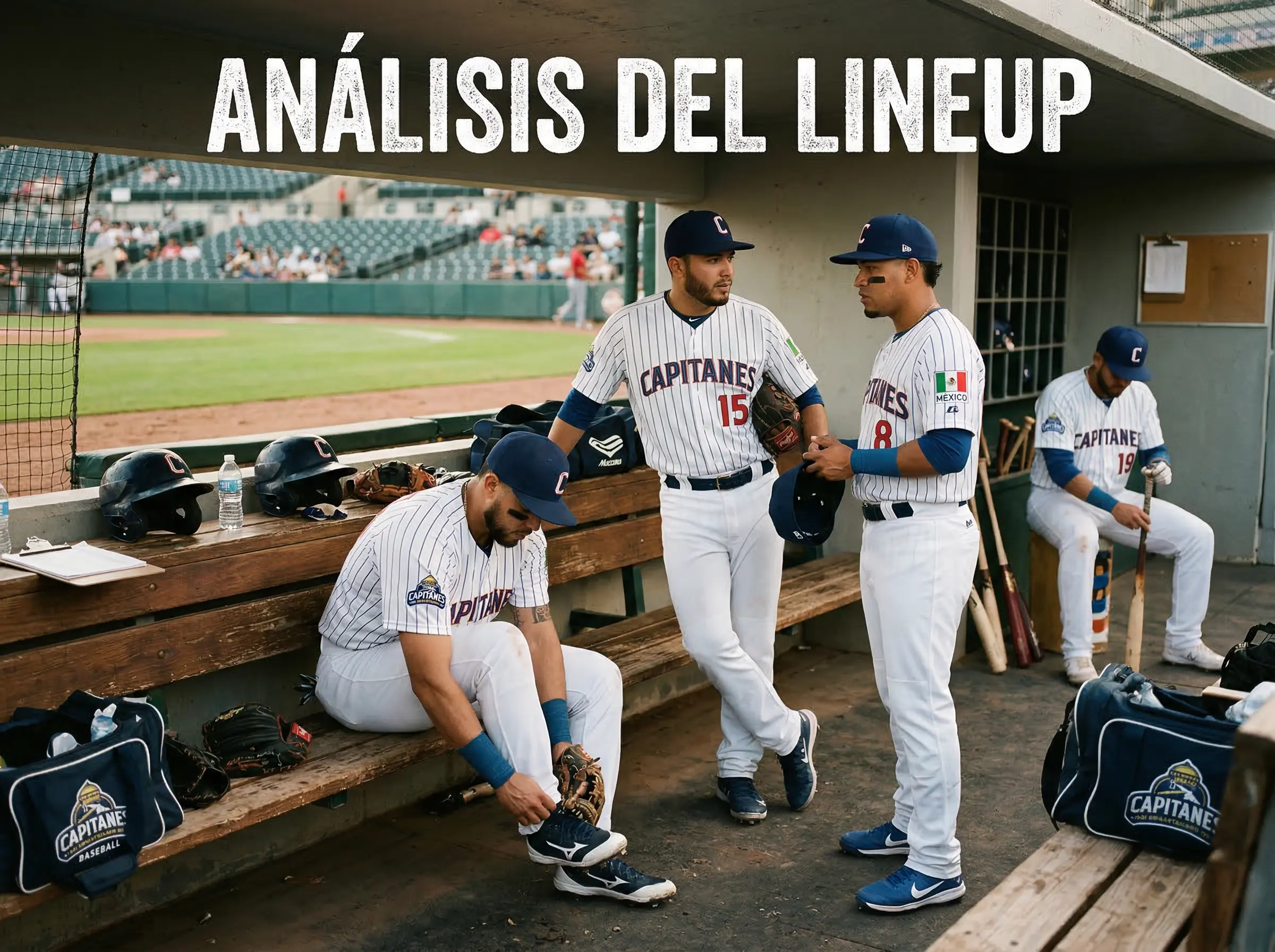 Dugout de béisbol con jugadores preparándose para el partido en MLB