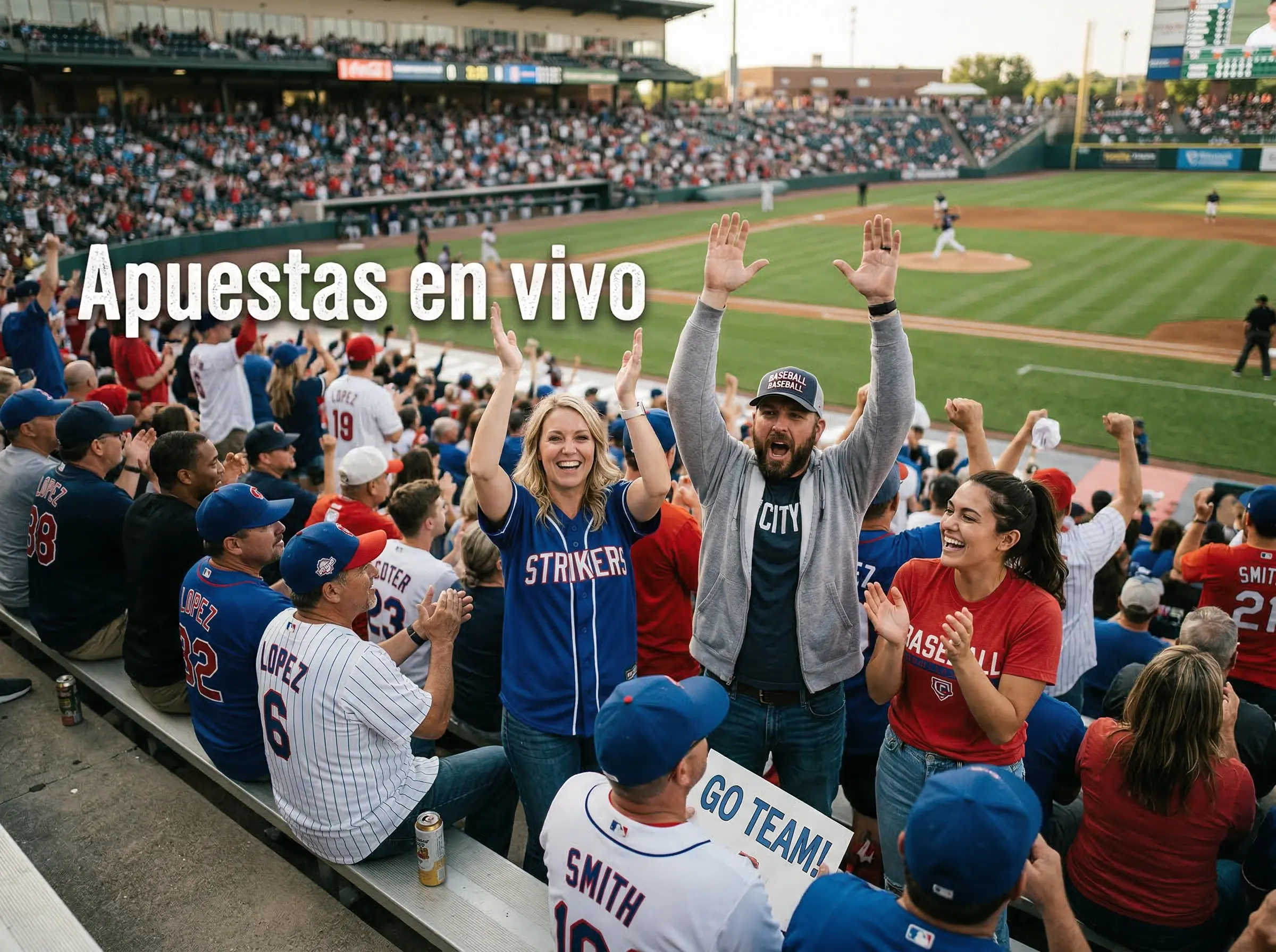 Aficionados emocionados viendo un partido de béisbol en vivo desde las gradas