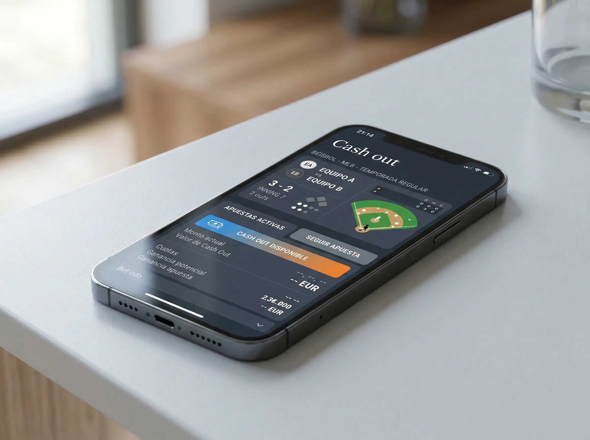 Smartphone mostrando una aplicación de apuestas deportivas con un partido de béisbol