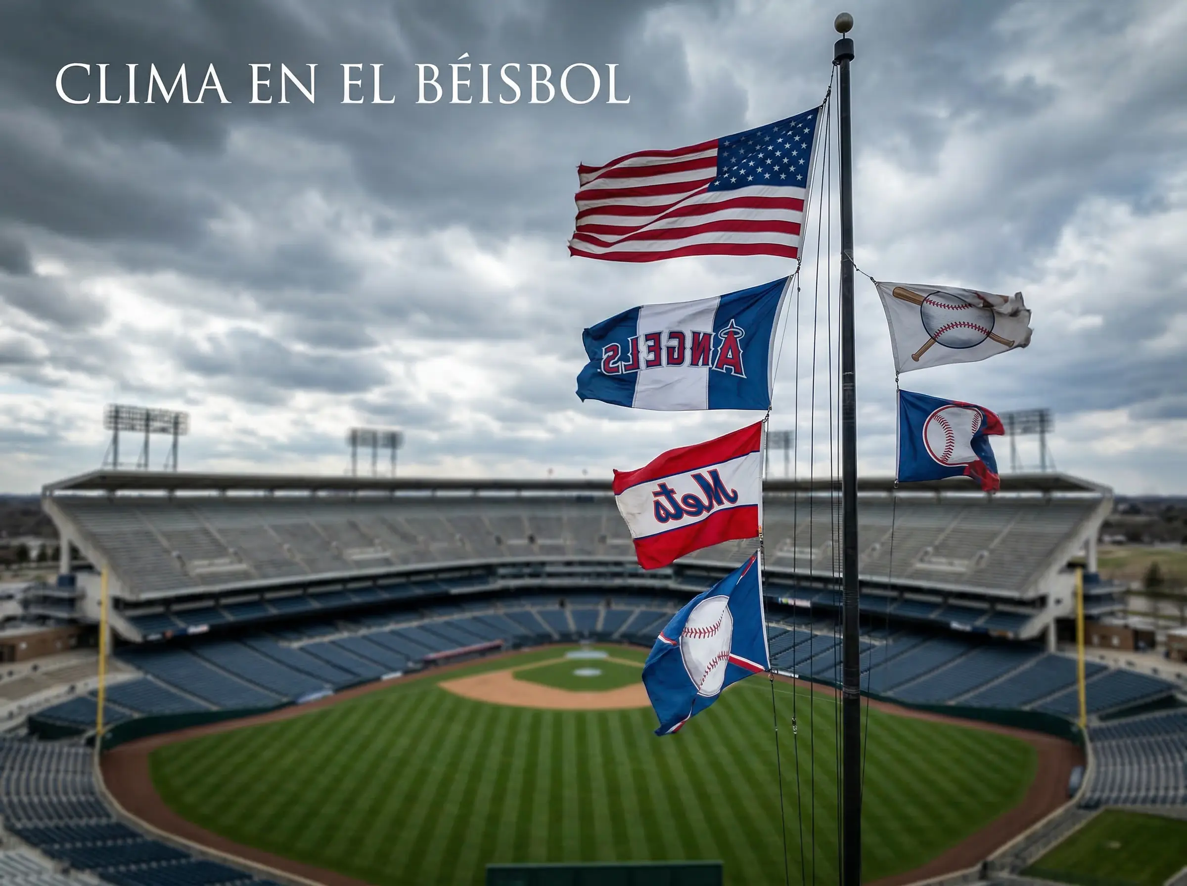 Banderas ondeando con el viento en un estadio de béisbol antes del partido