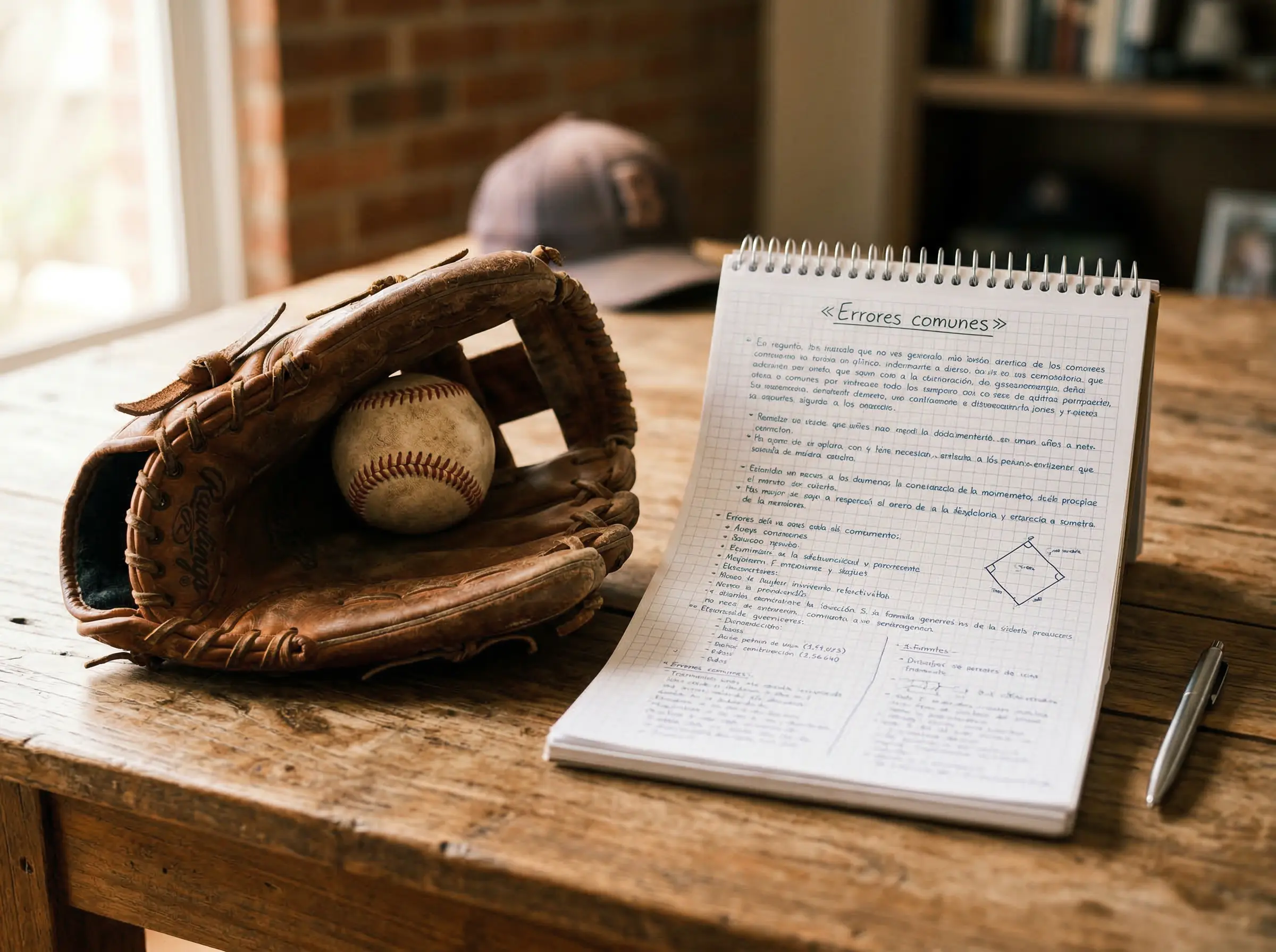Guante de béisbol con pelota sobre una mesa junto a notas de análisis