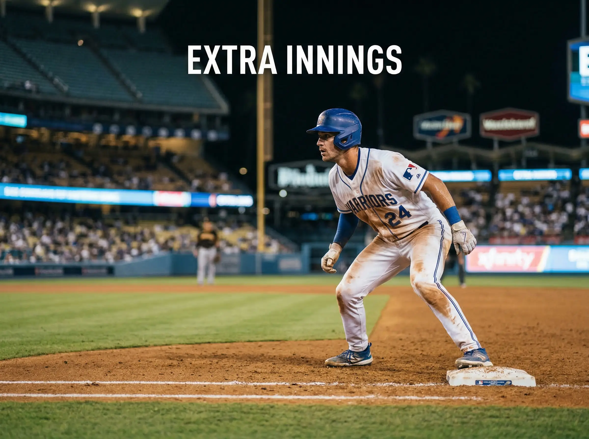 Corredor de béisbol en segunda base listo para anotar en extra innings