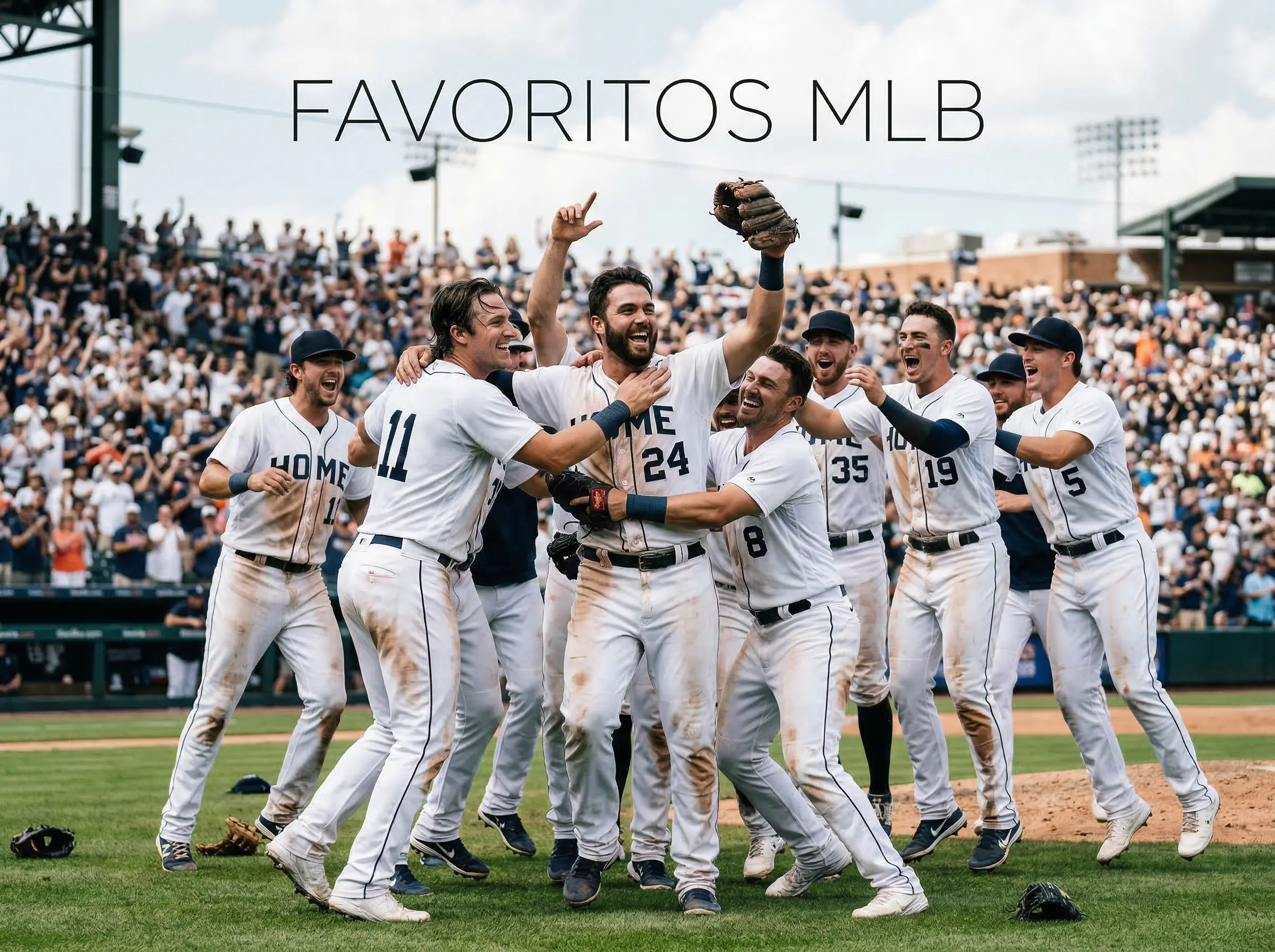Equipo de béisbol profesional celebrando una victoria en el campo de juego