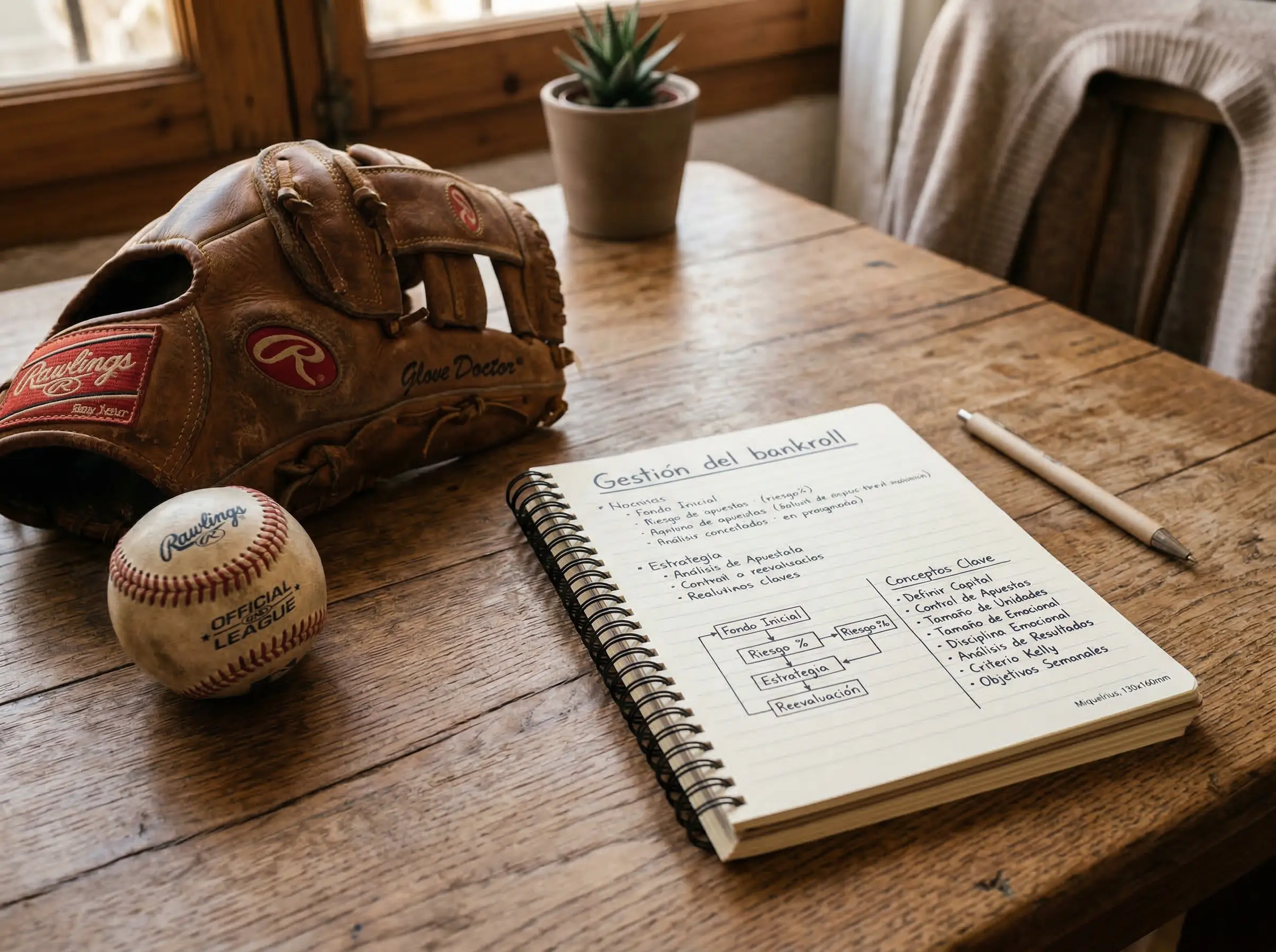 Cuaderno de notas con anotaciones junto a un guante y pelota de béisbol