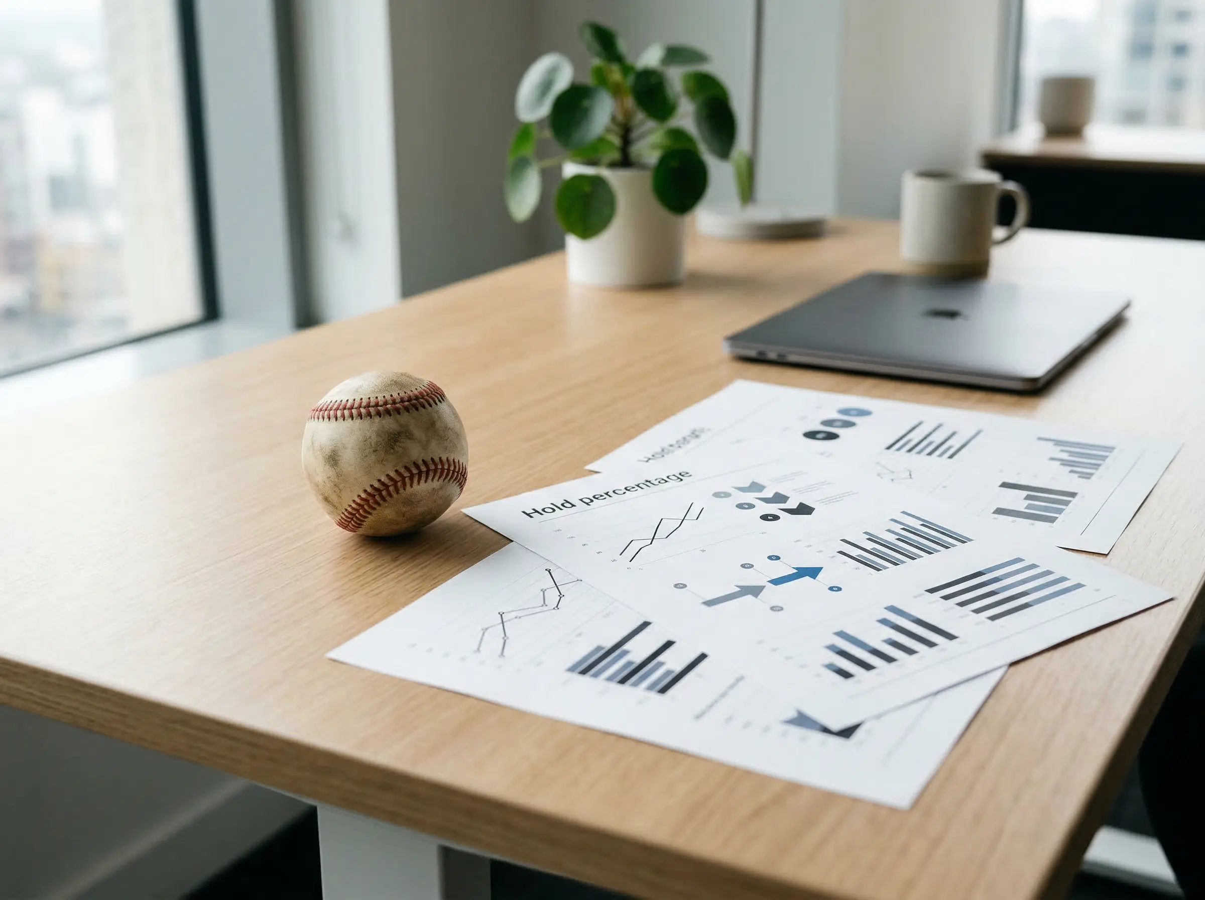 Gráfico de porcentajes con una pelota de béisbol sobre una mesa de oficina