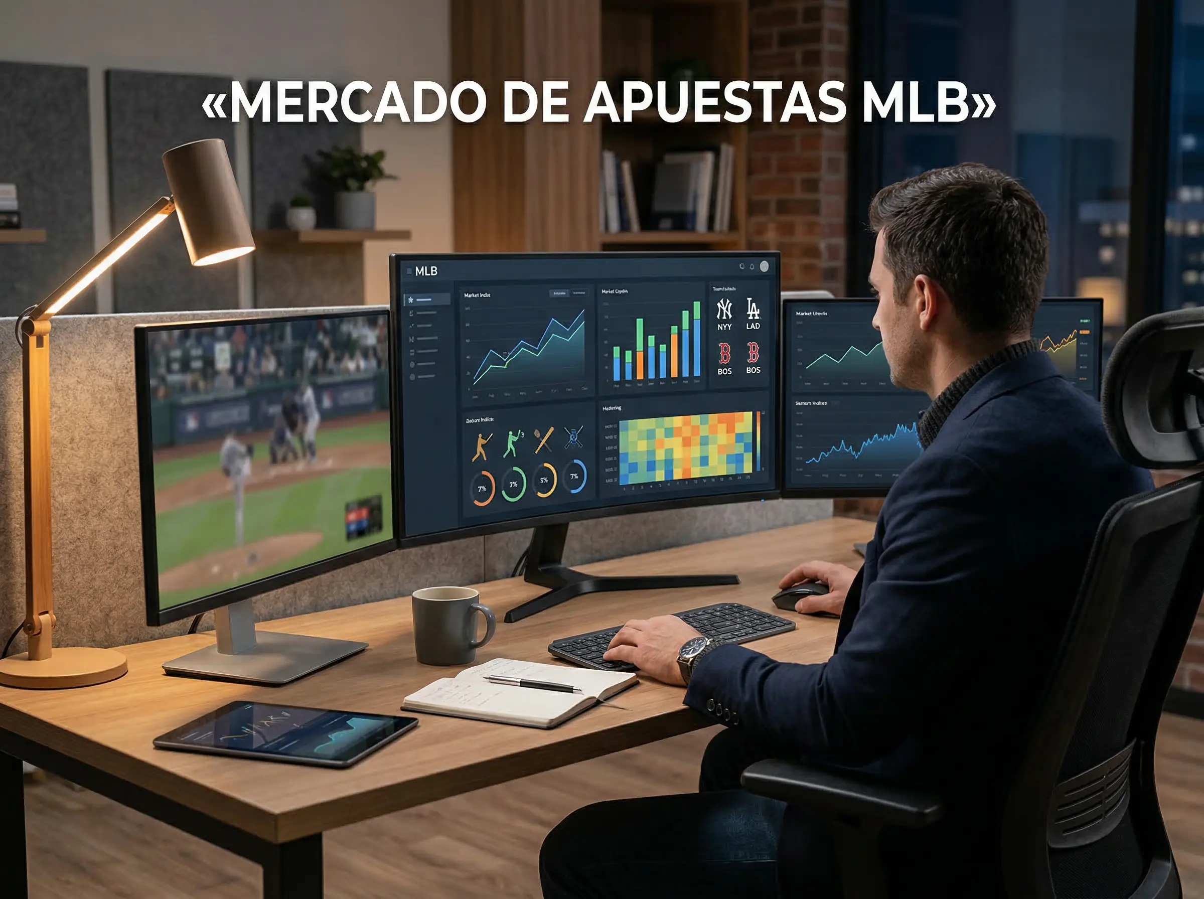 Analista revisando estadisticas y cuotas de apuestas MLB en pantalla