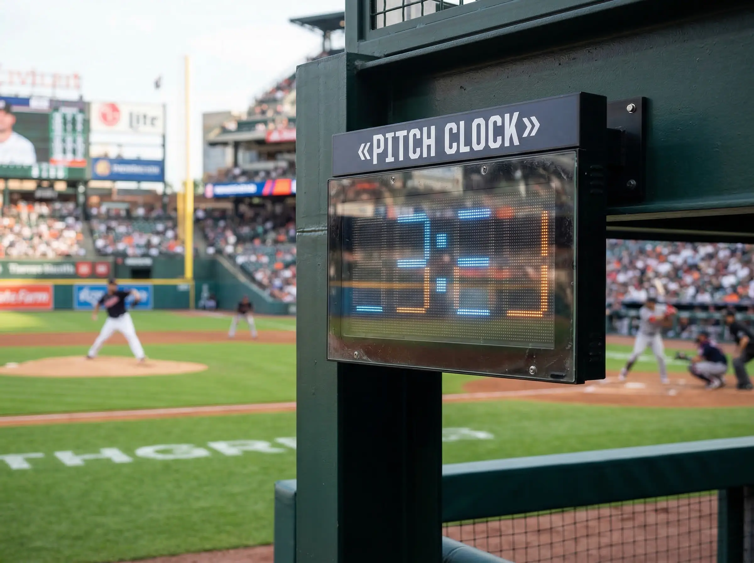 Reloj de pitch clock visible en un estadio de béisbol MLB durante un partido