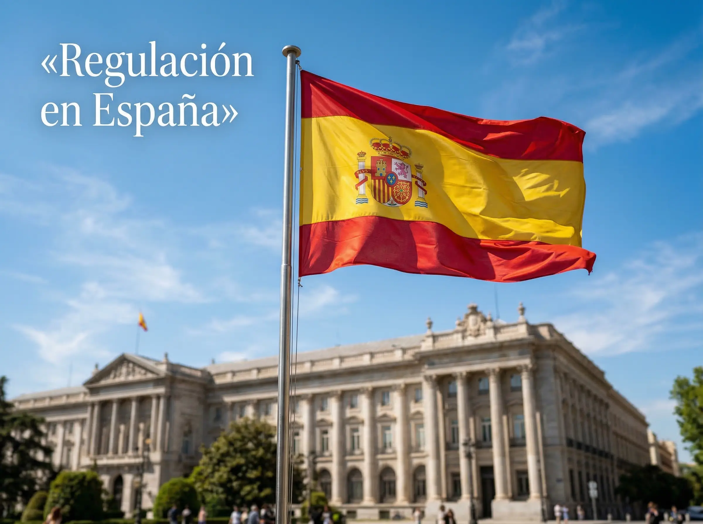 Bandera de España ondeando con edificio gubernamental de fondo