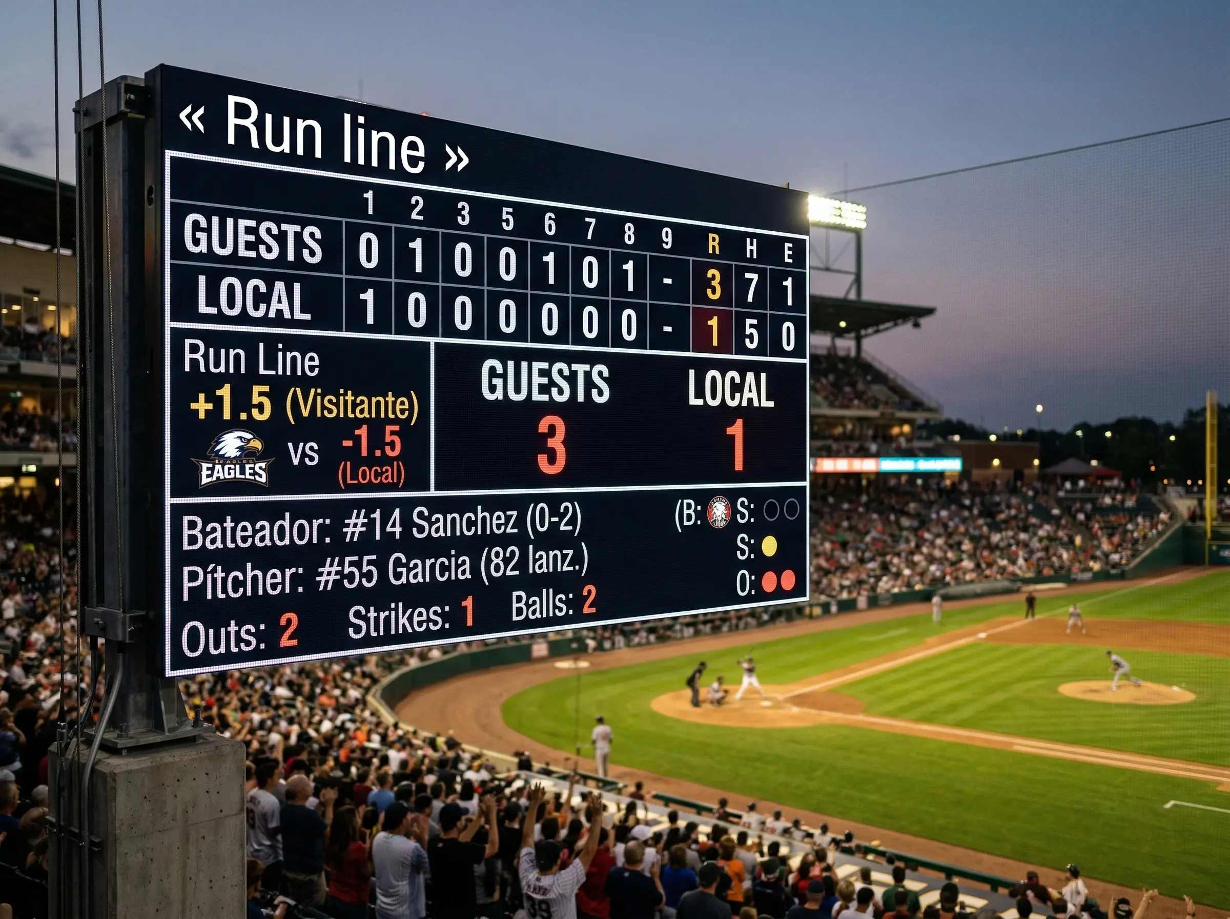 Marcador de béisbol mostrando victoria por dos carreras en un partido de MLB
