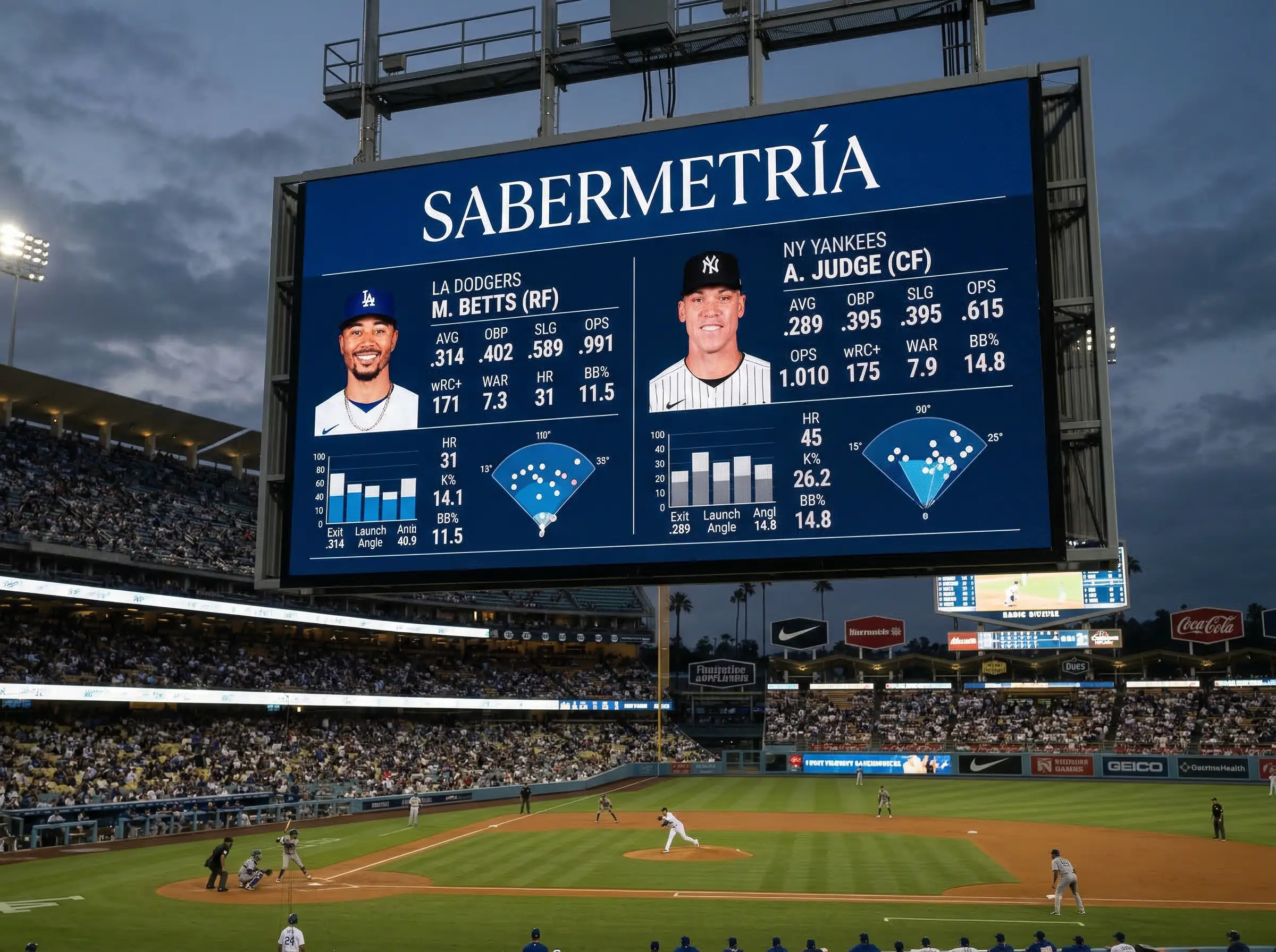 Tablero de estadísticas de béisbol con métricas avanzadas en un estadio de MLB