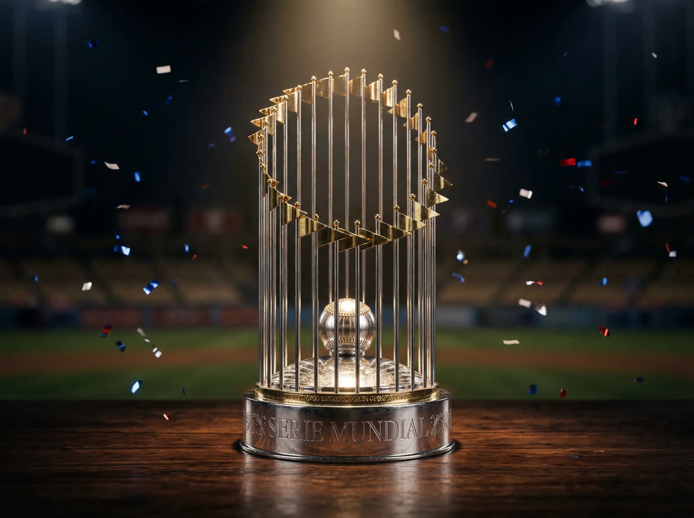 Trofeo de la Serie Mundial de béisbol en exhibición con confeti de celebración