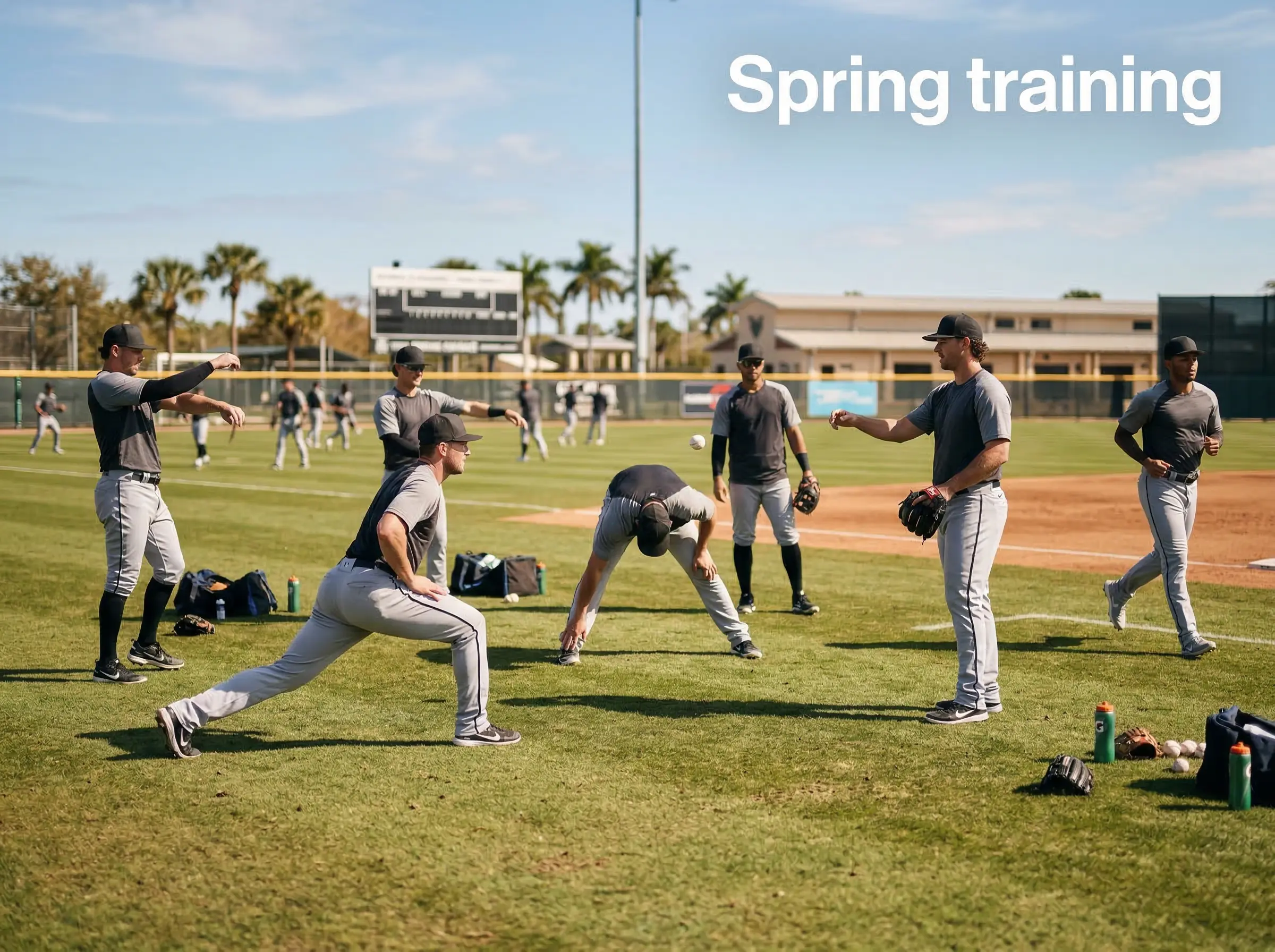 Jugadores de béisbol practicando ejercicios de calentamiento en spring training